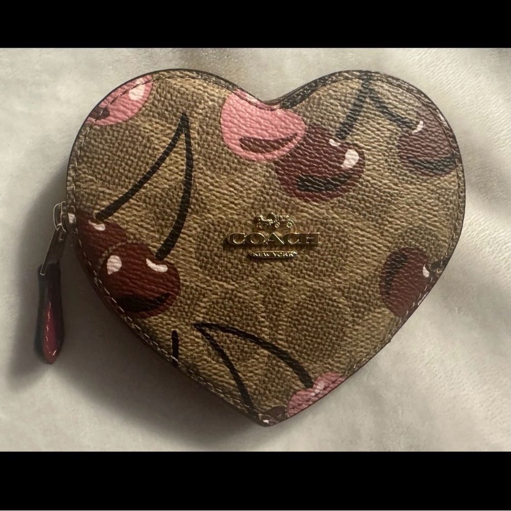 COACH Heart Coin Case In Signature Canvas With Cherry Print